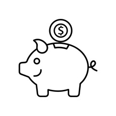 Outline drawing of a piggy bank with a dollar coin on transparent background