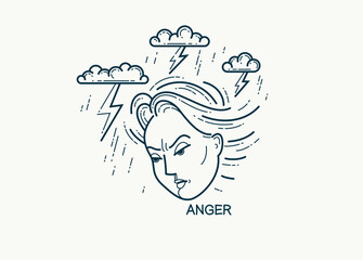 Emotion of anger concept, vector drawing of a woman face displays negativism and aggression, emblem or logo look-like drawing.