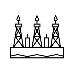 Outline illustration of three oil rigs on a platform on transparent background