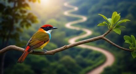 Fototapeta premium Colorful bird perched on a branch observing a winding road