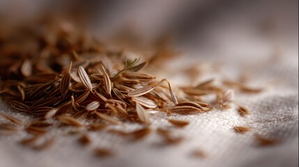 Close-up of a pile of cumin seeds on a white cloth. the seeds are small and round, with a light brown color and appear to be dried and wrinkled.