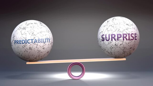 Predictability and surprise in balance - balancing stones on a scale symbolizing harmony, equity and equilibrium between predictability and surprise. Harmonious and beneficial situation.