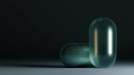 3d rendering of two objects on a dark background. the object on the left is a round, transparent capsule with a smooth, shiny surface.