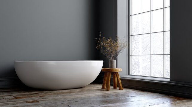 Modern bathroom with a large window on the right side. the window has white frames and is letting in natural light. - Powered by Adobe