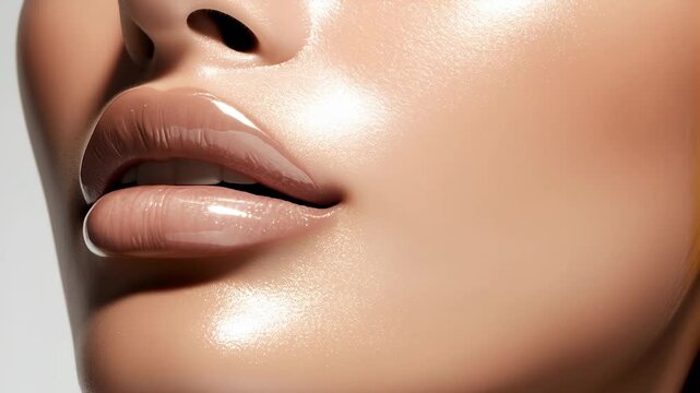 Woman face closeup with shiny lips, showing beauty procedure and glossy cosmetics for skin, with a focus on lip gloss animation