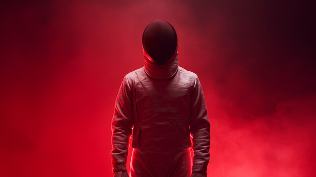 Fencer In Full Gear Standing Under Dramatic Red Light Representing Focus Determination And Competitive Intensity In Sports - Powered by Adobe