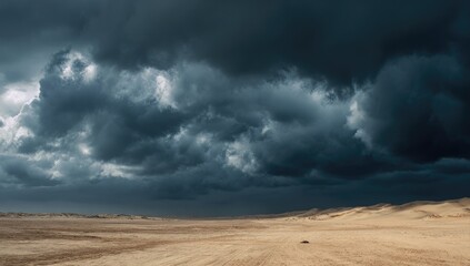 Vast, sandy expanse under a brooding storm cloud