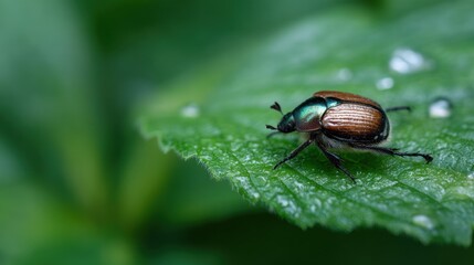 Naklejka premium Close-up of a beetle on a green leaf. the beetle is facing towards the right side of the image and appears to be crawling on the leaf.