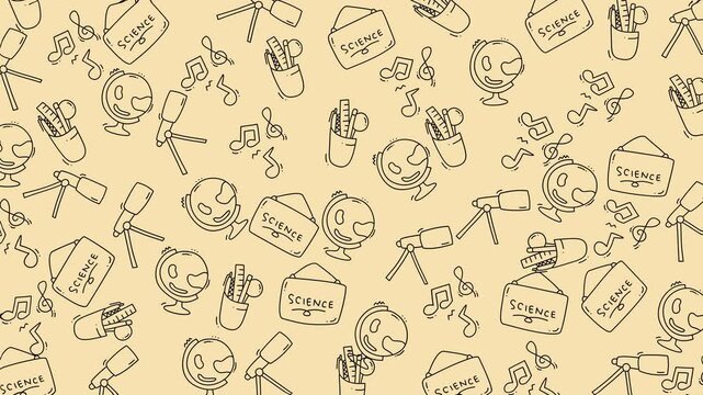 Doodle back to school hand drawn science music school supplies float beige background. Suitable for educational materials, presentations, or social media.