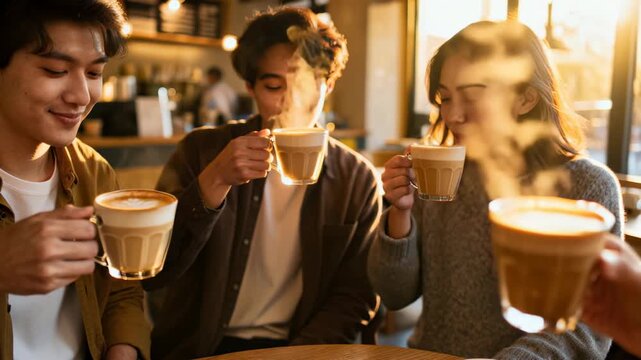 4K Close-Up: Happy Friends Toasting Coffee Mugs at Golden Hour Cafe.