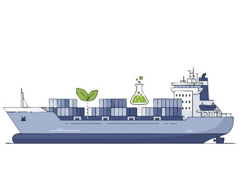 Obraz premium A container ship emits a 'Clean Sea Flow' plume of methanol, symbolizing sustainable shipping. Modern illustration style.