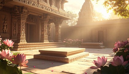 Temple courtyard bathed in golden light