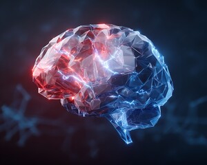 A brain formed from geometric shapes, with sharp, clean edges in a combination of electric blue, red, and white. Background is dark with subtle geometric patterns made with Ai