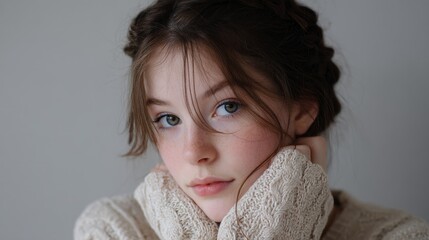 Close-up portrait of a young girl with blue eyes. she is wearing a beige sweater and a white scarf around her neck. her hair is styled in a messy updo with loose curls framing her face.
