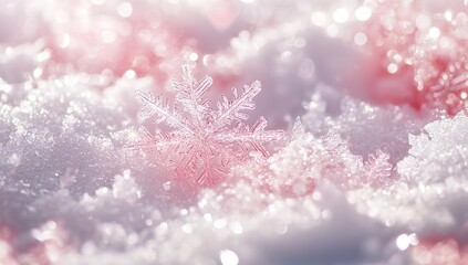 A background of snowflakes in various shapes and sizes, with shades of pink and white. The snow is sparkling under the light, creating an atmosphere reminiscent of winter magic.