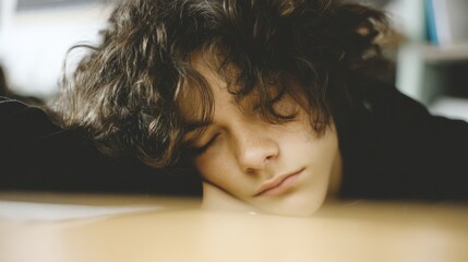 Close-up portrait of a young man with curly hair. he is lying on his stomach with his eyes closed and his head resting on his hands. his expression is peaceful and serene.