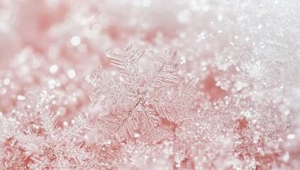 A background of snowflakes in various shapes and sizes, with shades of pink and white. The snow is sparkling under the light, creating an atmosphere reminiscent of winter magic.