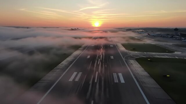 Breathtaking aerial view of an airport runway emerging from thick morning fog during a golden sunrise
