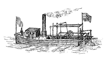 Fitch's steamship, 1790, with paddle blades at the stern, old vintage illustration, 1879