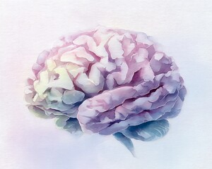 A watercolor painting of a brain in soft pink, lavender, and light green hues, with blurred edges and gentle transitions made with Ai
