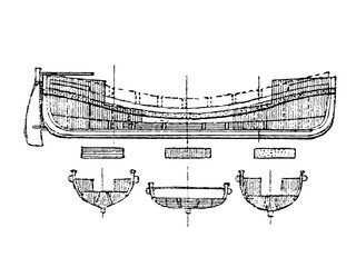The hull plan of a wooden sailing ship with an iron keel, old vintage illustration, 1879 © Timofeeff