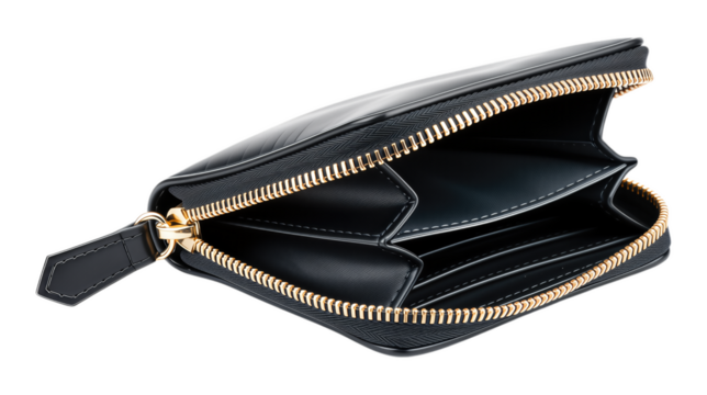 Black Leather Wallet Interior with Gold Zipper, Transparent Background, Minimalist Design Element