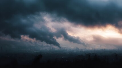 Obraz premium Dark industrial skyline with plumes of smoke billowing into a hazy dramatic sky