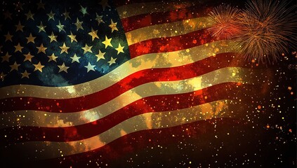A beautiful illustration of an American flag waving in the wind, with fireworks lighting up the night sky behind it.