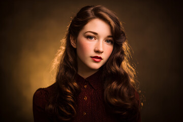 Captivating Portrait: A woman gazes directly at the viewer with serene eyes, her auburn hair cascading in elegant waves, set against a soft, atmospheric backdrop.