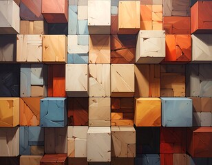 An abstract composition of wooden blocks, diverse hues and textures, tightly arranged. Geometric, colorful, and engaging