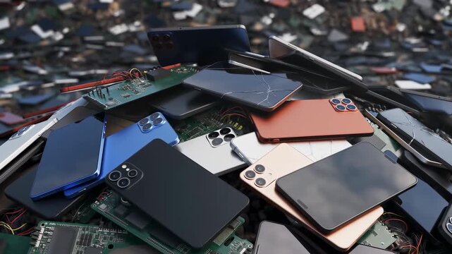 Electronic waste pile of broken discarded smartphones
