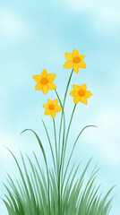 Fototapeta premium Yellow flower with green grass and blue sky background in spring