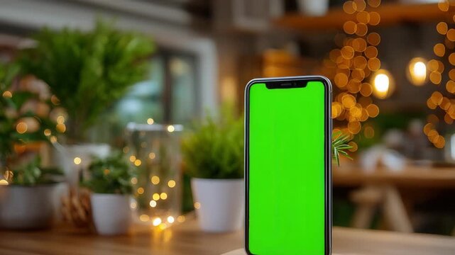 Modern smartphone with green screen on a wooden table, perfect for app promotion or product demo videos, set against a warm bokeh background