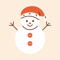 Vector illustration of cute happy snowman with stick arms, wearing Santa hat and orange buttons. Cheerful winter holiday character for Christmas cards, festive decoration, kids design.