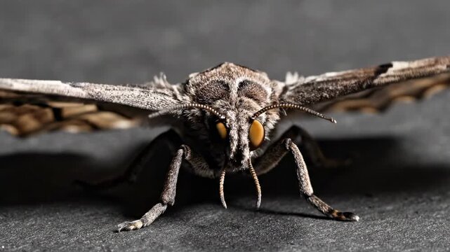 moth wing - A close-up view of a moth, showcasing its intricate wing patterns and distinctive orange eyes, revealing fine details of its textured body set against a dark background