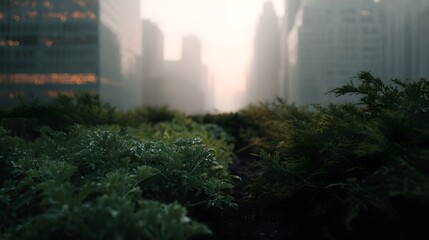 A lush urban rooftop garden thrives with green plants in front of misty skyscrapers
