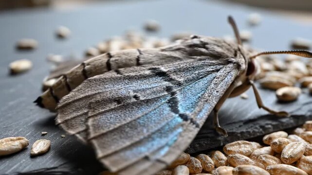 moth wing - A close-up view of a moth with detailed wing patterns, resting on a black slate surface scattered with light-colored grains, showcasing intricate textures and natural colors