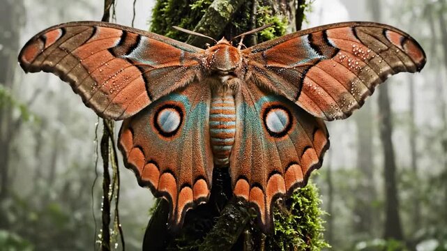 moth wing - A striking large moth with vibrant orange and blue markings perched on a mossy tree trunk in a misty rainforest, surrounded by lush greenery and soft, diffused light