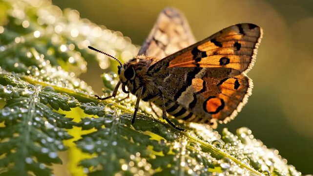 moth wing - A close-up image of a moth perched on a lush green leaf, glistening with morning dew. The intricate patterns on its wings showcase a beautiful blend of orange and brown hues
