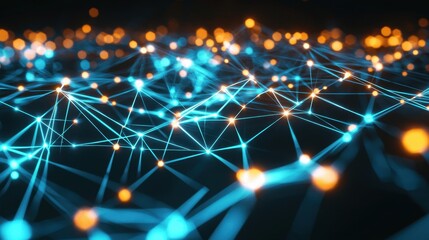 Obraz premium An abstract illustration depicting a network of glowing blue and orange connections, creating a sense of digital connectivity on a dark background.