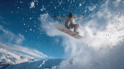 雪山を飛び越えるスノーボーダーのダイナミックなジャンプアクション