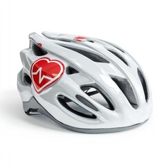 White bicycle helmet with a red heart and pulse symbol isolated on white background health and safety concept