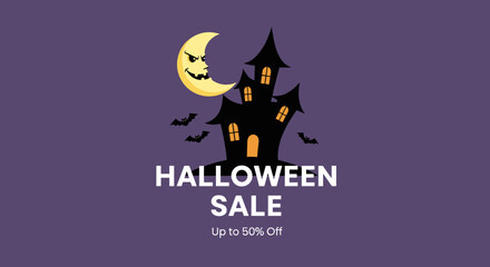 Halloween Sale promotion background with haunted castle angry moon and bats illustration