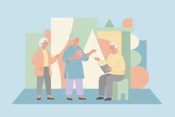 Active seniors conversing and reading depicting healthy aging and social engagement