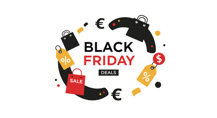 Seasonal Black Friday sale graphic with shopping bags and discount tags