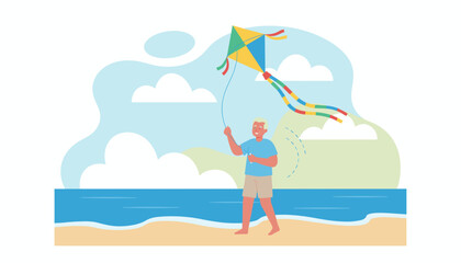 Smiling senior man flying a colorful kite on a sunny beach Joyful summer leisure and active retirement
