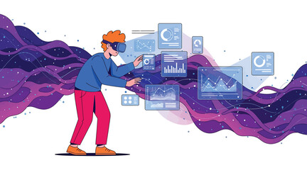 Vector art of a man wearing a virtual reality headset interacts with floating data visualizations, immersed in a digital world of information and technology