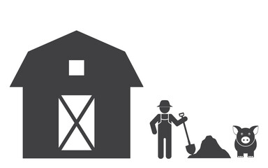  farmer person with pig near barn house icon