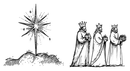 Three Kings and Star of Bethlehem vector icon set. Hand drawn Christian Nativity and Epiphany scene with Magi, vintage sketch illustration.