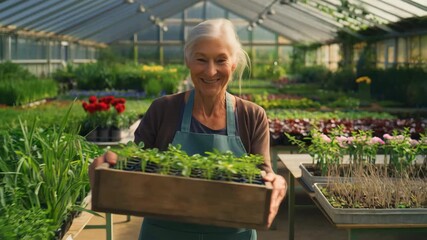 Elderly female gardener carrying seedlings in greenhouse - Powered by Adobe